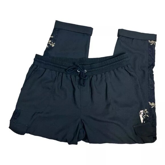 Knox Rose Cargo Pants XL Embroidered Lace Pocket Cuff Floral Black Drawstring - Picture 2 of 7
